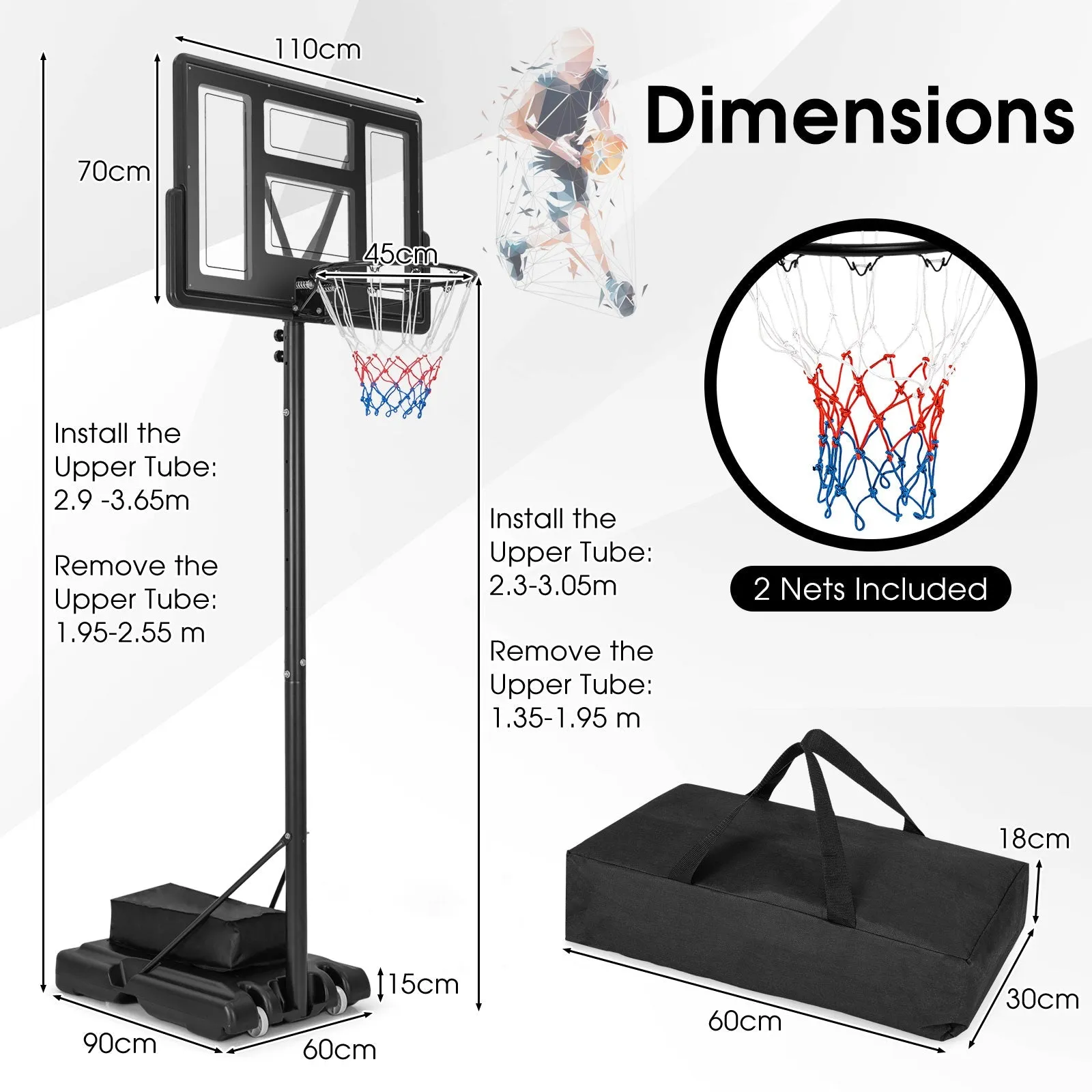 11-Level Portable Adjustable Basketball Hoop and Goals System with Build-In Wheels