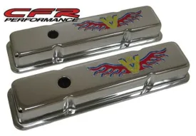 1958-86 CHEVY SMALL BLOCK 283-305-327-350-400 SHORT STEEL VALVE COVERS - 3 COLOR V8 LOGO