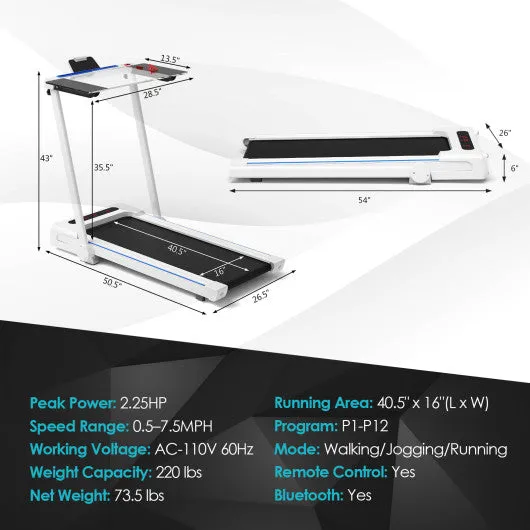 3-in-1 Folding Treadmill with Large Desk and LCD Display-White