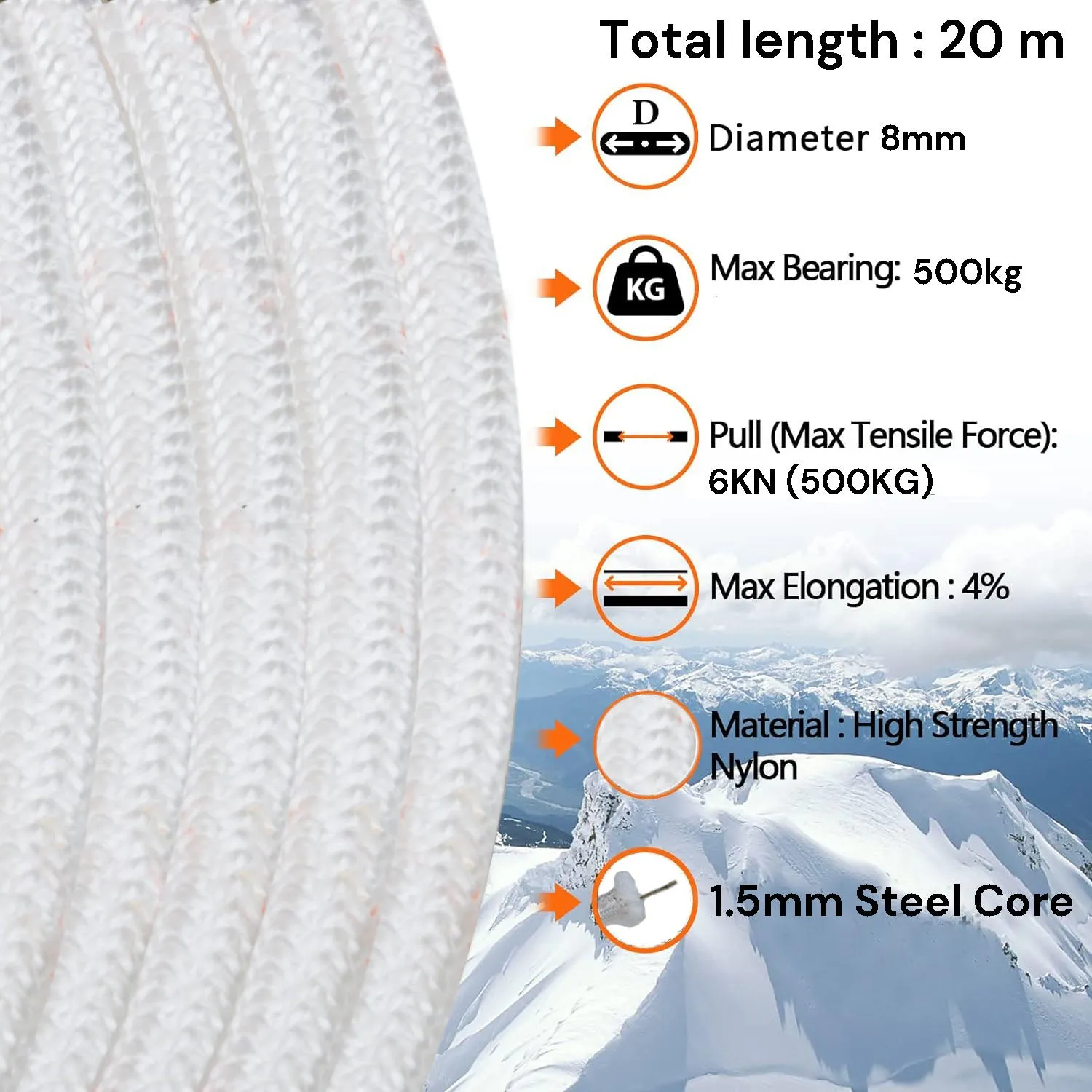 8mm Nylon Safety Climbing Rope with Carabiners 20m