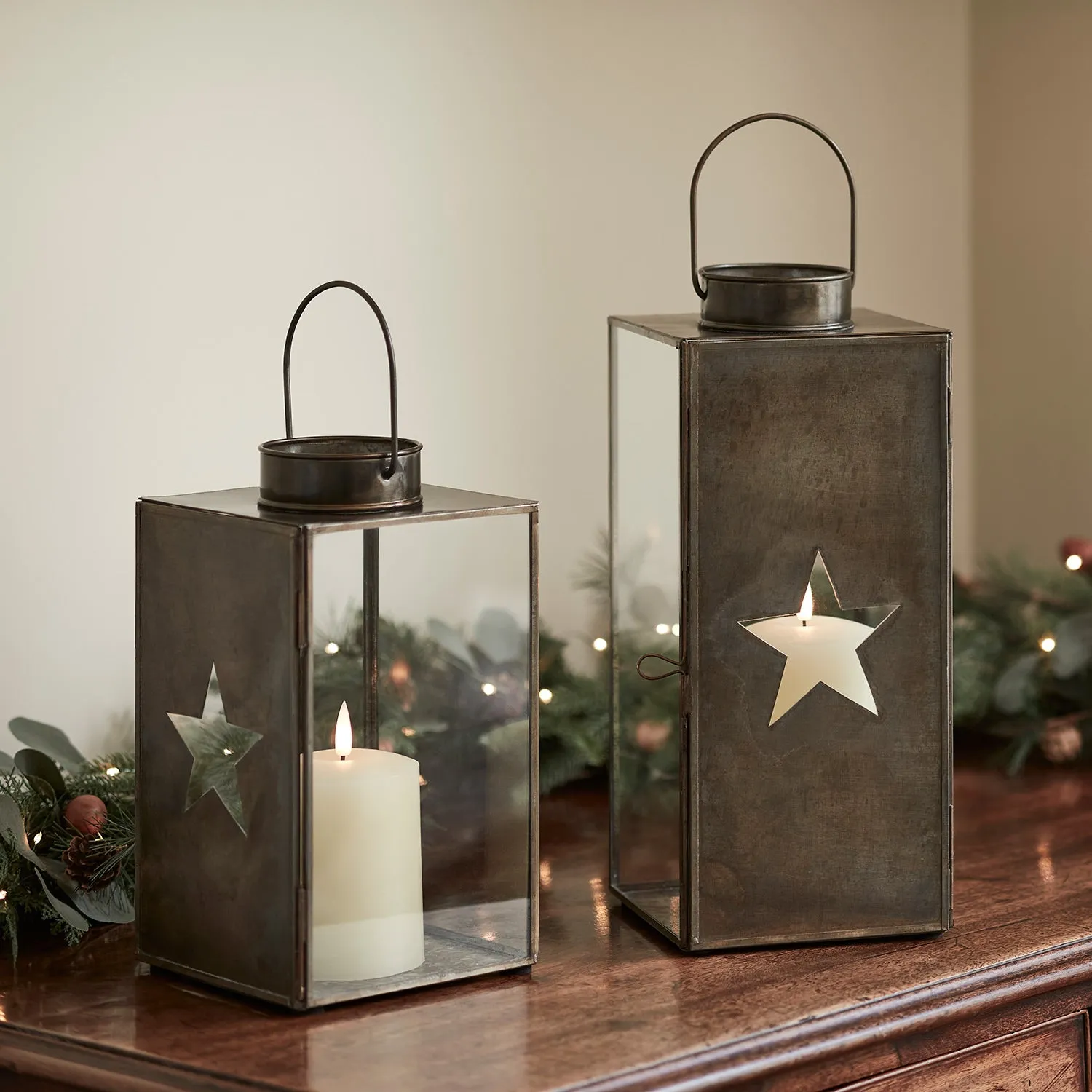 Antique Brass Star Glass Lantern & TruGlow® Candle