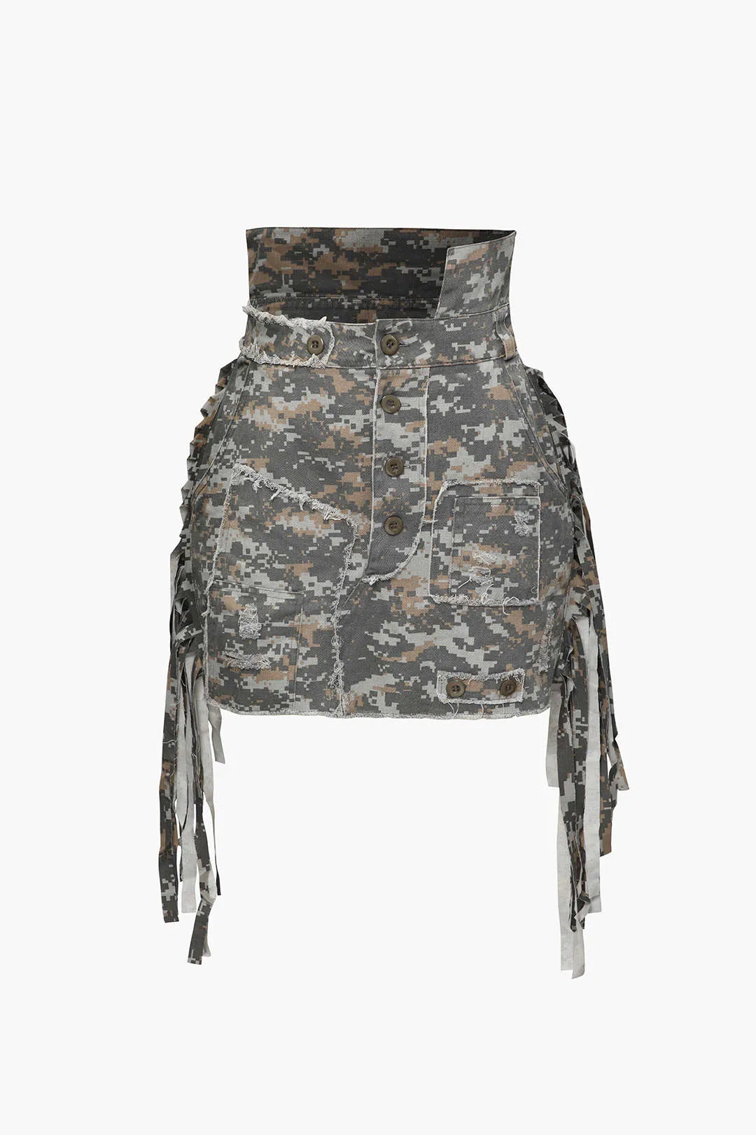 Camo Frayed Patchwork Fringe Mini Skirt