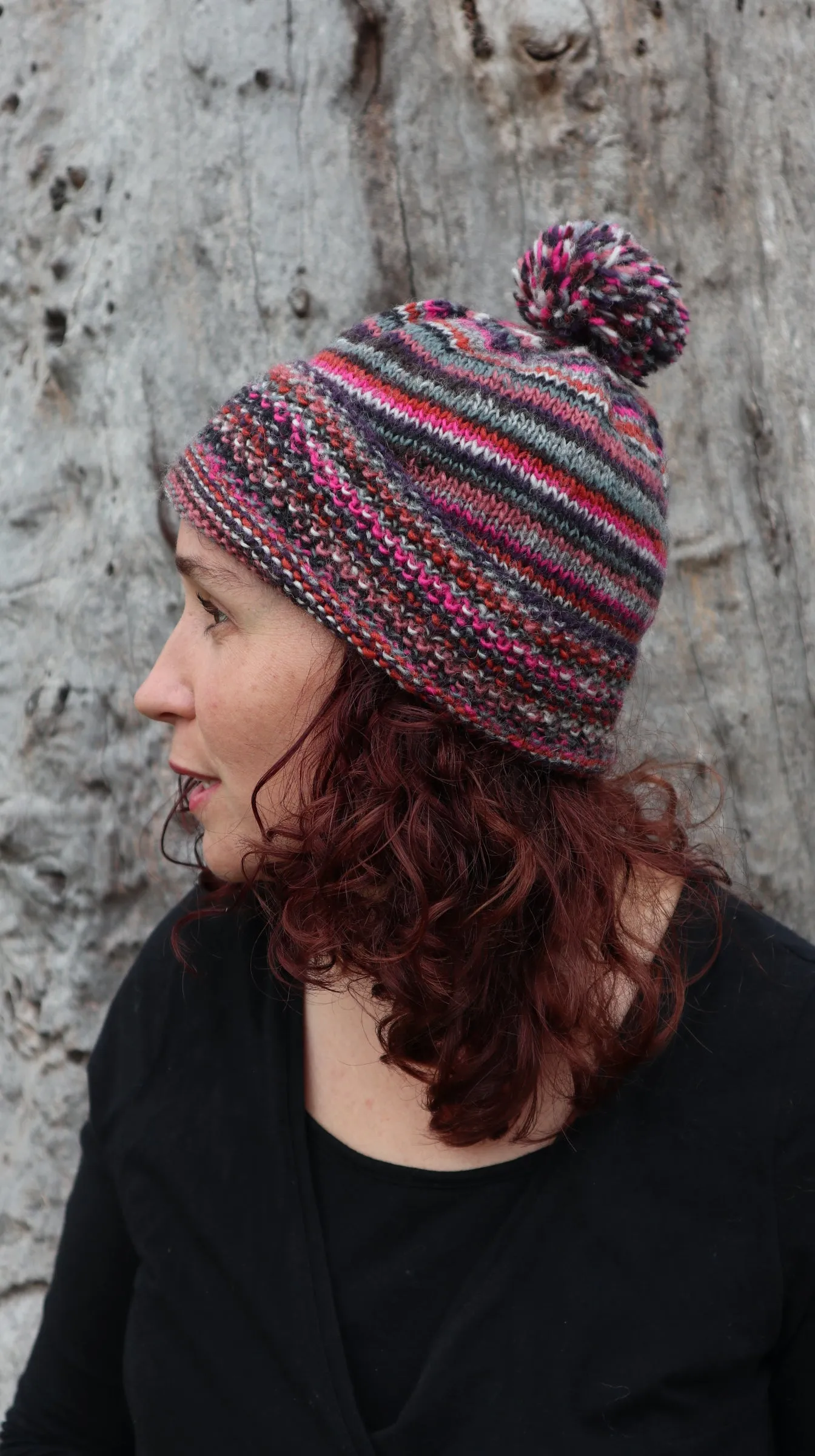 Fair Trade Ethical Woollen Beanie in Striped Multi Coloured Design with Pom Pom