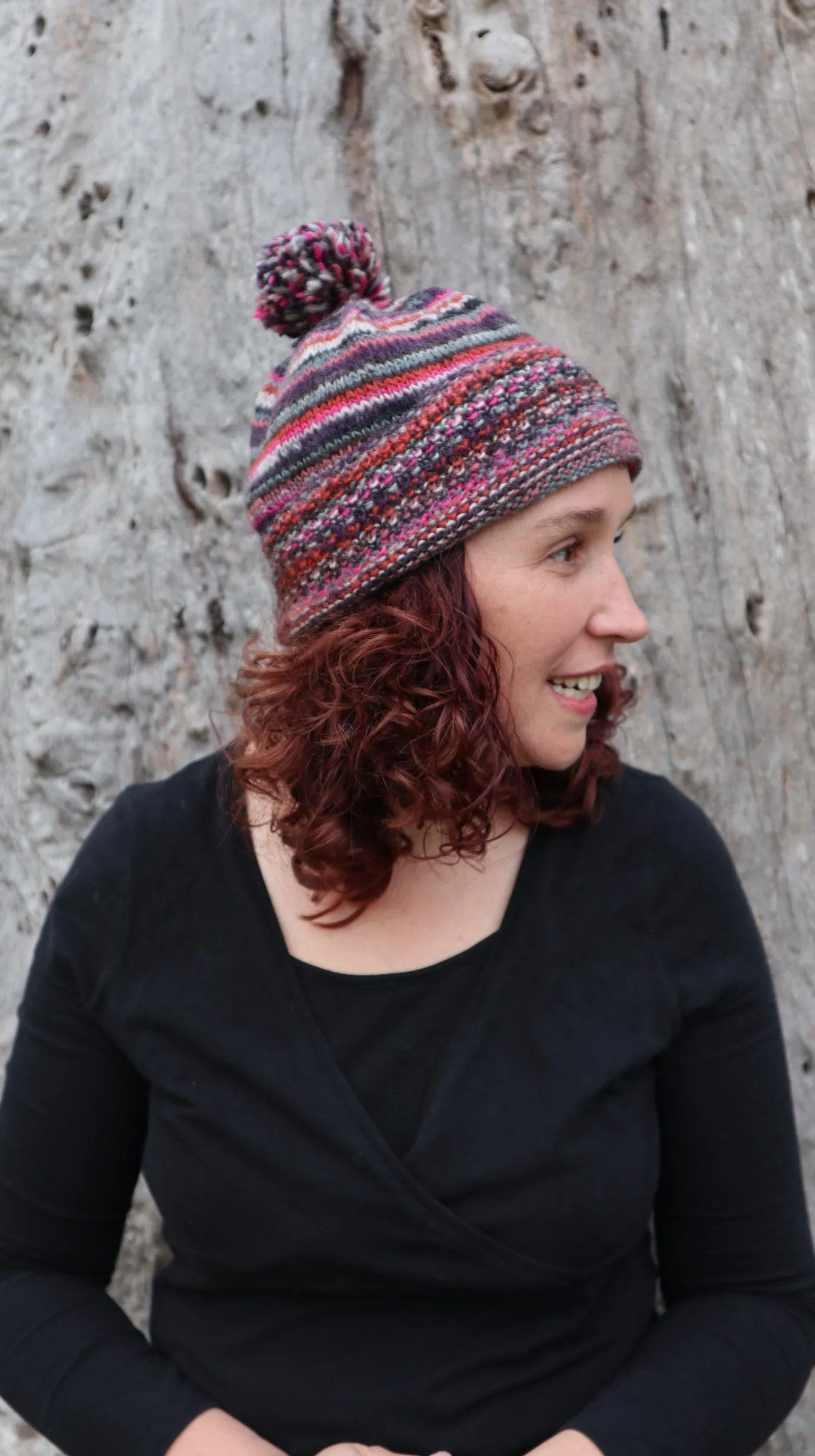 Fair Trade Ethical Woollen Beanie in Striped Multi Coloured Design with Pom Pom