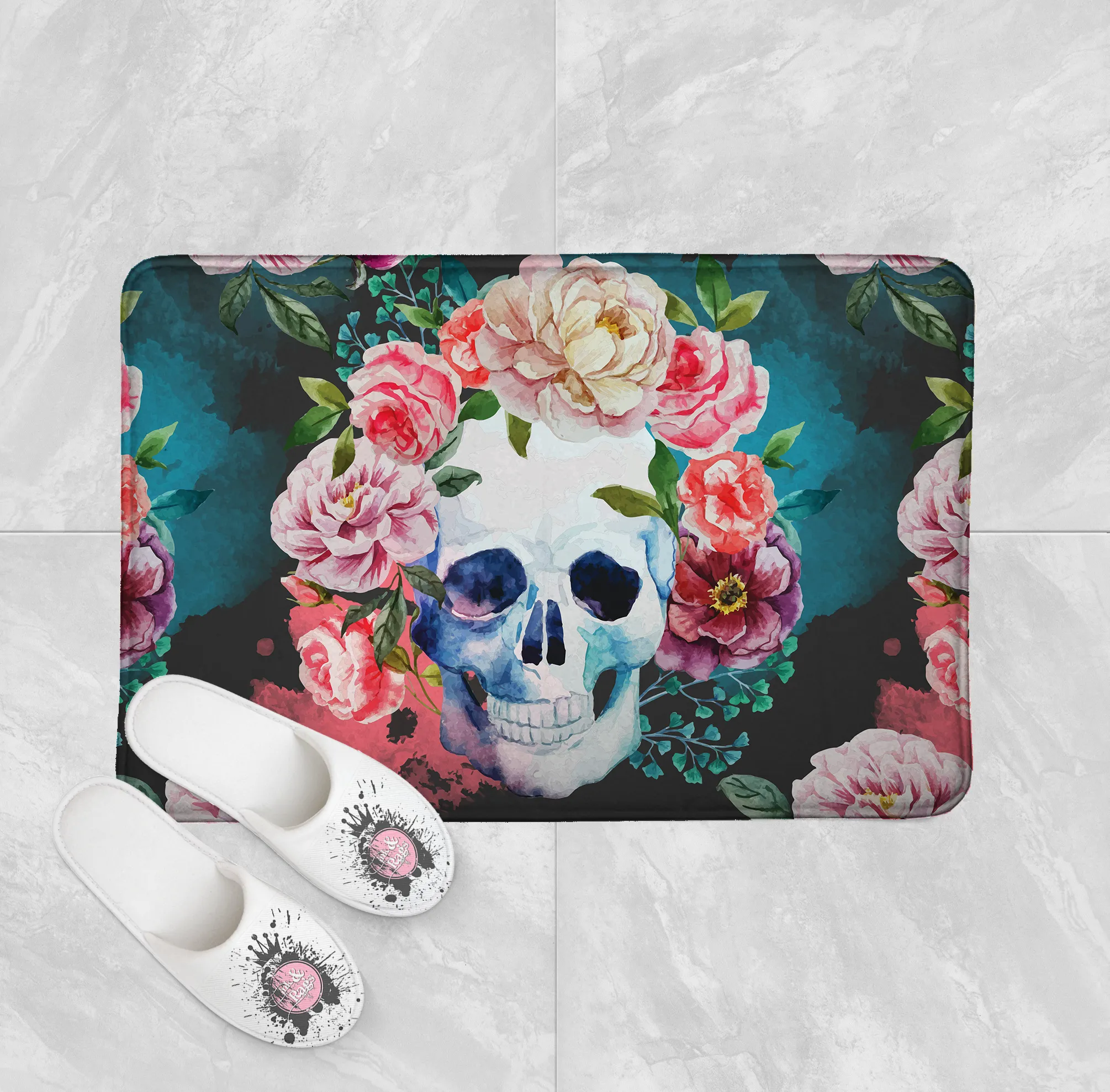 Green Watercolor Floral Skull Shower Curtains and Optional Bath Mats