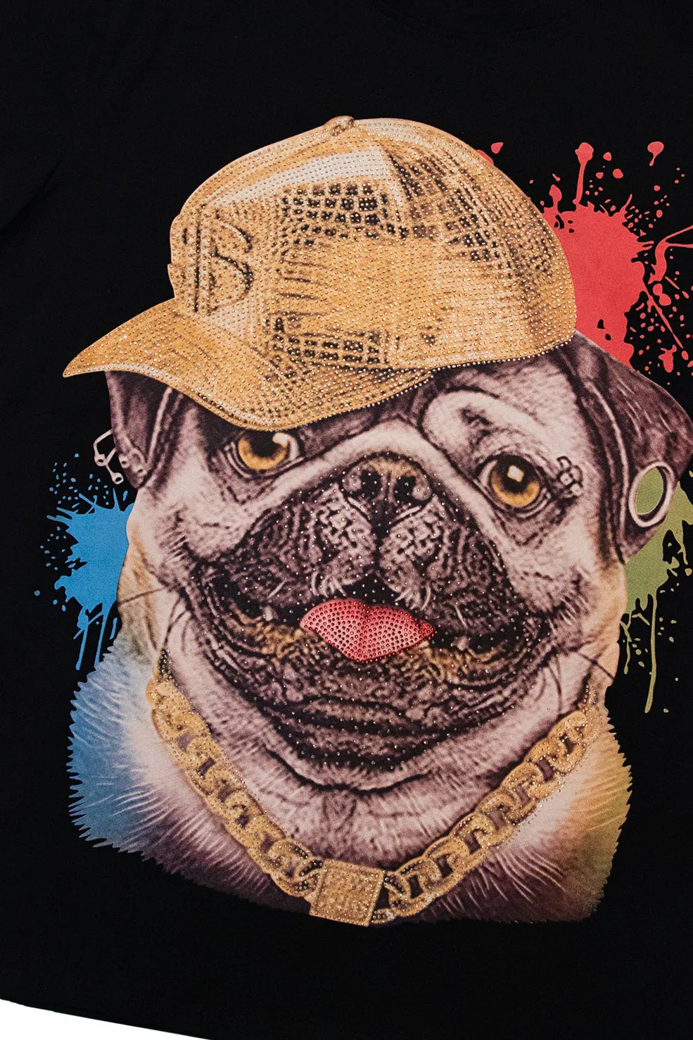 Heads or Tails Men's Cool Rich Pug Dog Rhinestone Studded Graphic Printed Short Sleeve T-Shirt