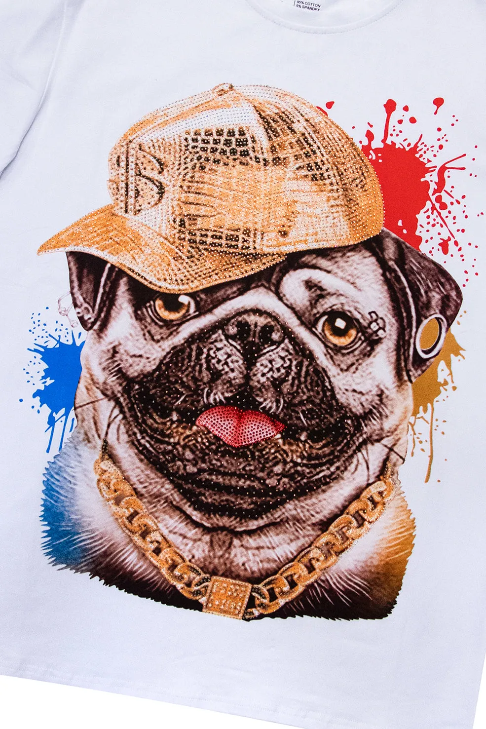 Heads or Tails Men's Cool Rich Pug Dog Rhinestone Studded Graphic Printed Short Sleeve T-Shirt