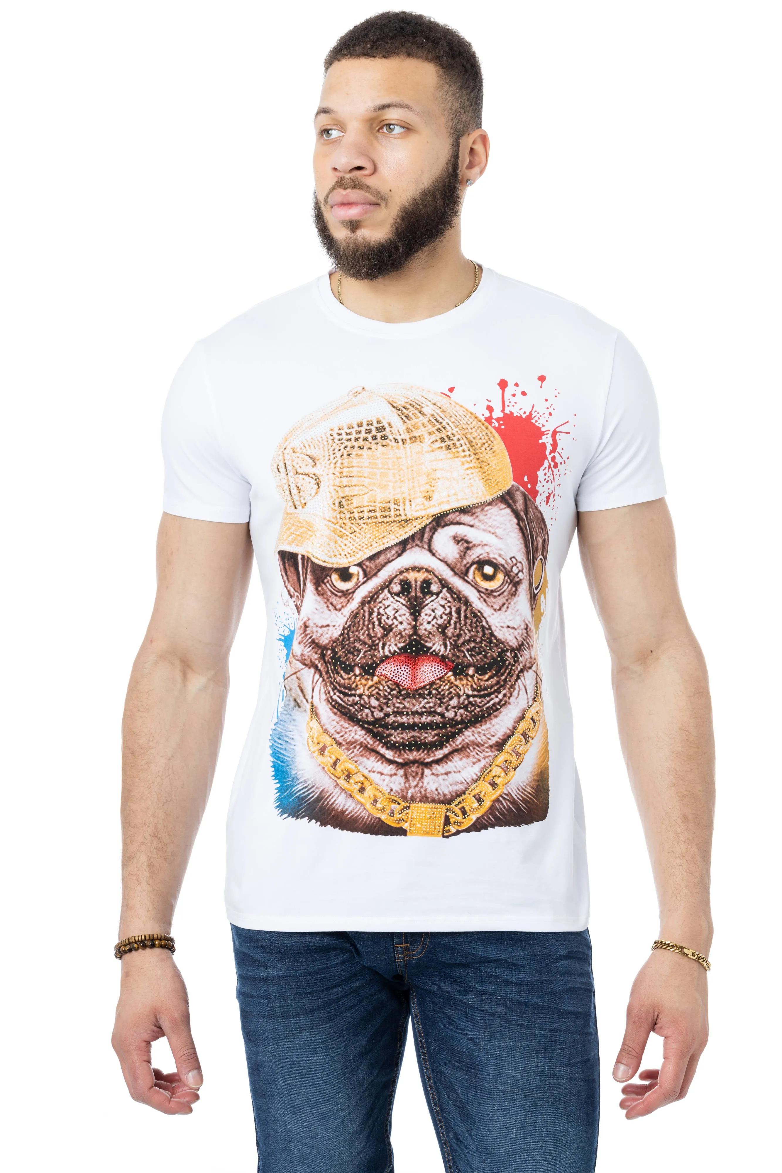 Heads or Tails Men's Cool Rich Pug Dog Rhinestone Studded Graphic Printed Short Sleeve T-Shirt