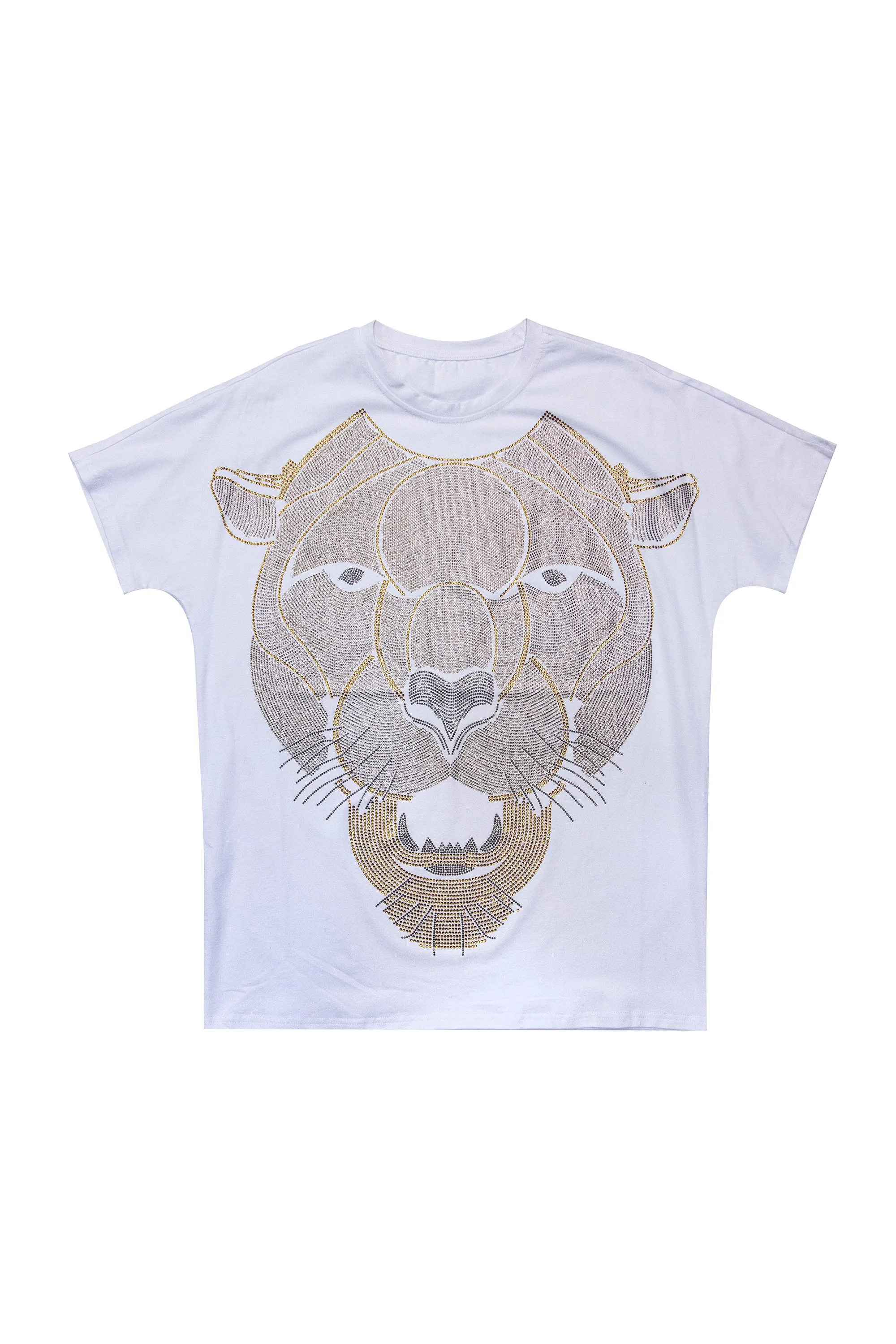 Heads or Tails Men's Cougar Face Saber Tooth Tiger Rhinestone Studded Graphic Printed Short Sleeve T-Shirt