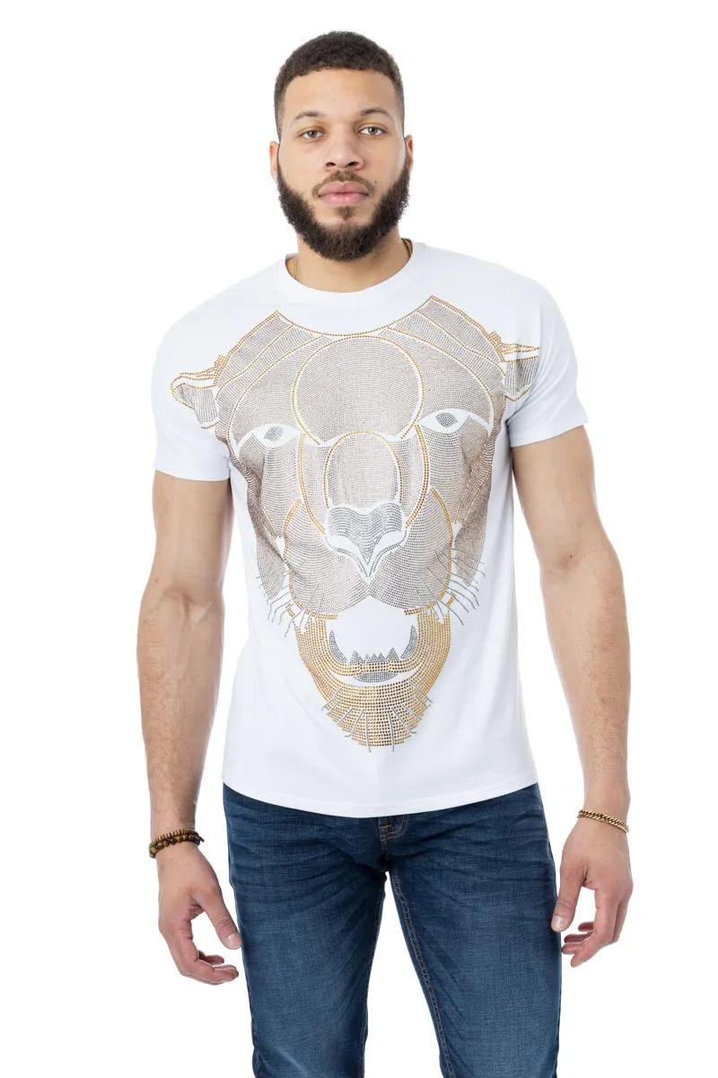 Heads or Tails Men's Cougar Face Saber Tooth Tiger Rhinestone Studded Graphic Printed Short Sleeve T-Shirt