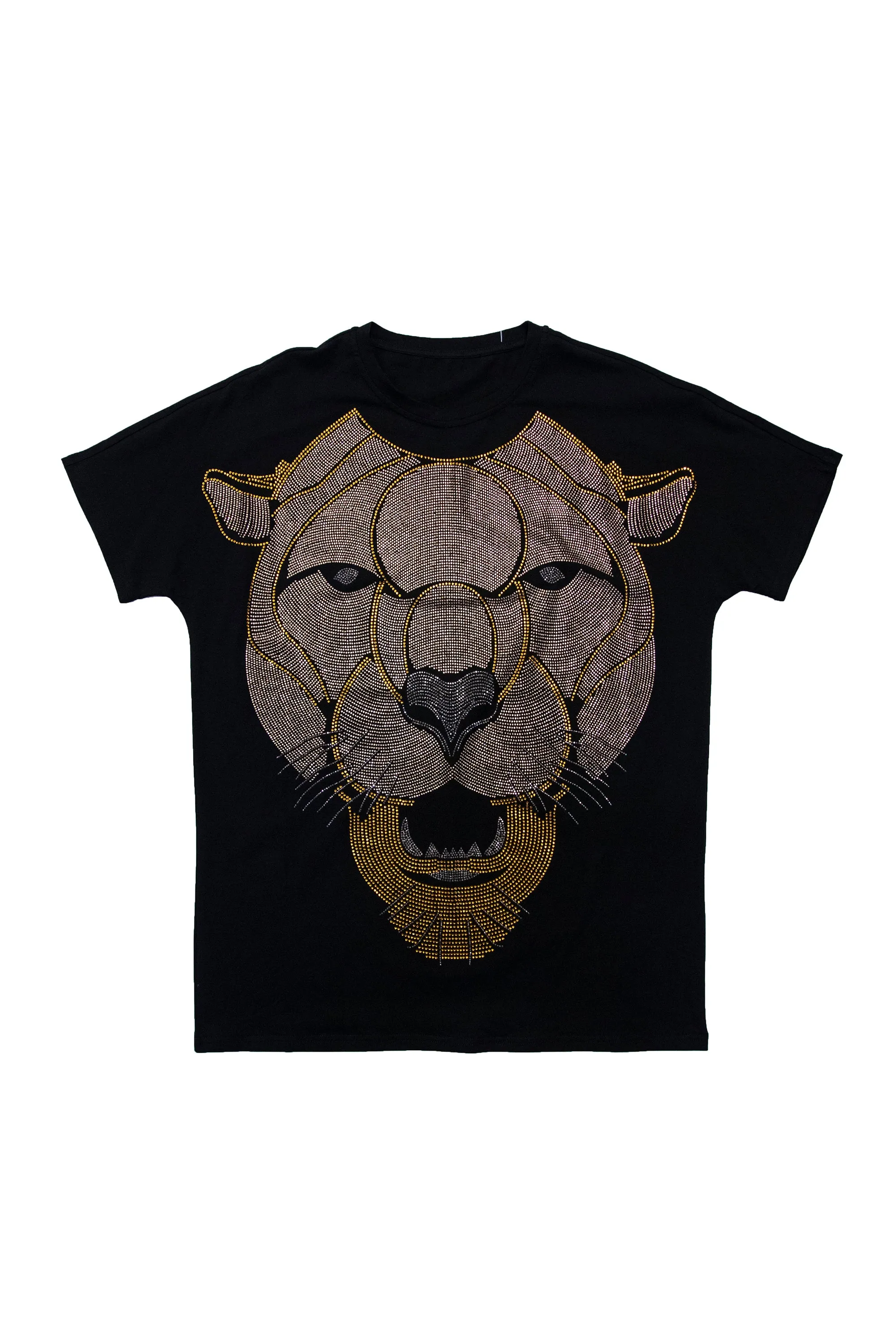 Heads or Tails Men's Cougar Face Saber Tooth Tiger Rhinestone Studded Graphic Printed Short Sleeve T-Shirt