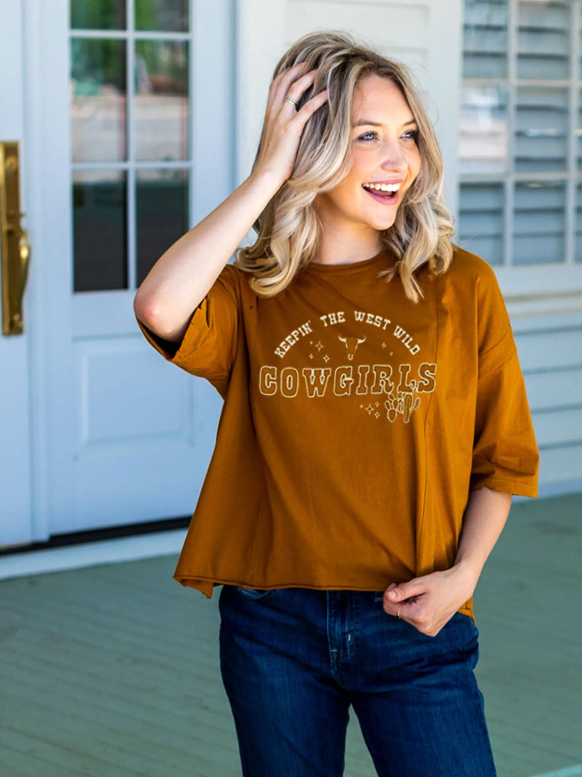 Keepin' The West Wild On Perfect Company Boxy Crop in Tan