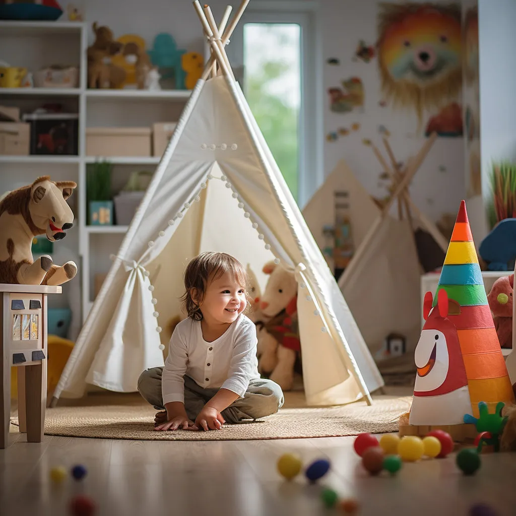 Large Foldable Kids Canvas Teepee Play Tent With Lights  ( White )