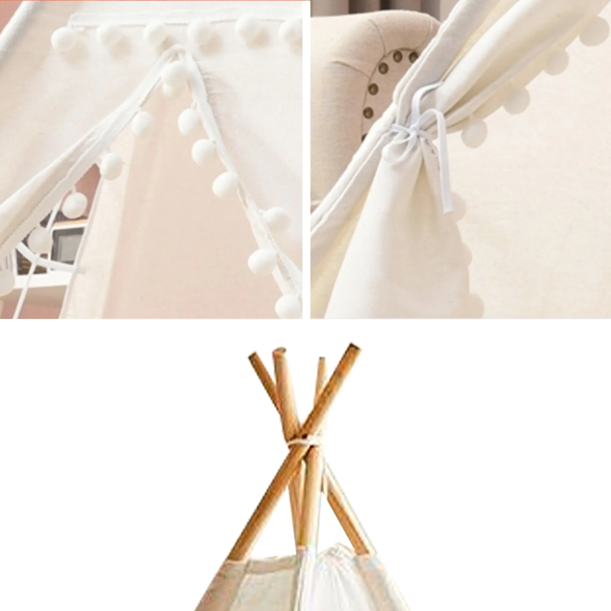 Large Foldable Kids Canvas Teepee Play Tent With Lights  ( White )