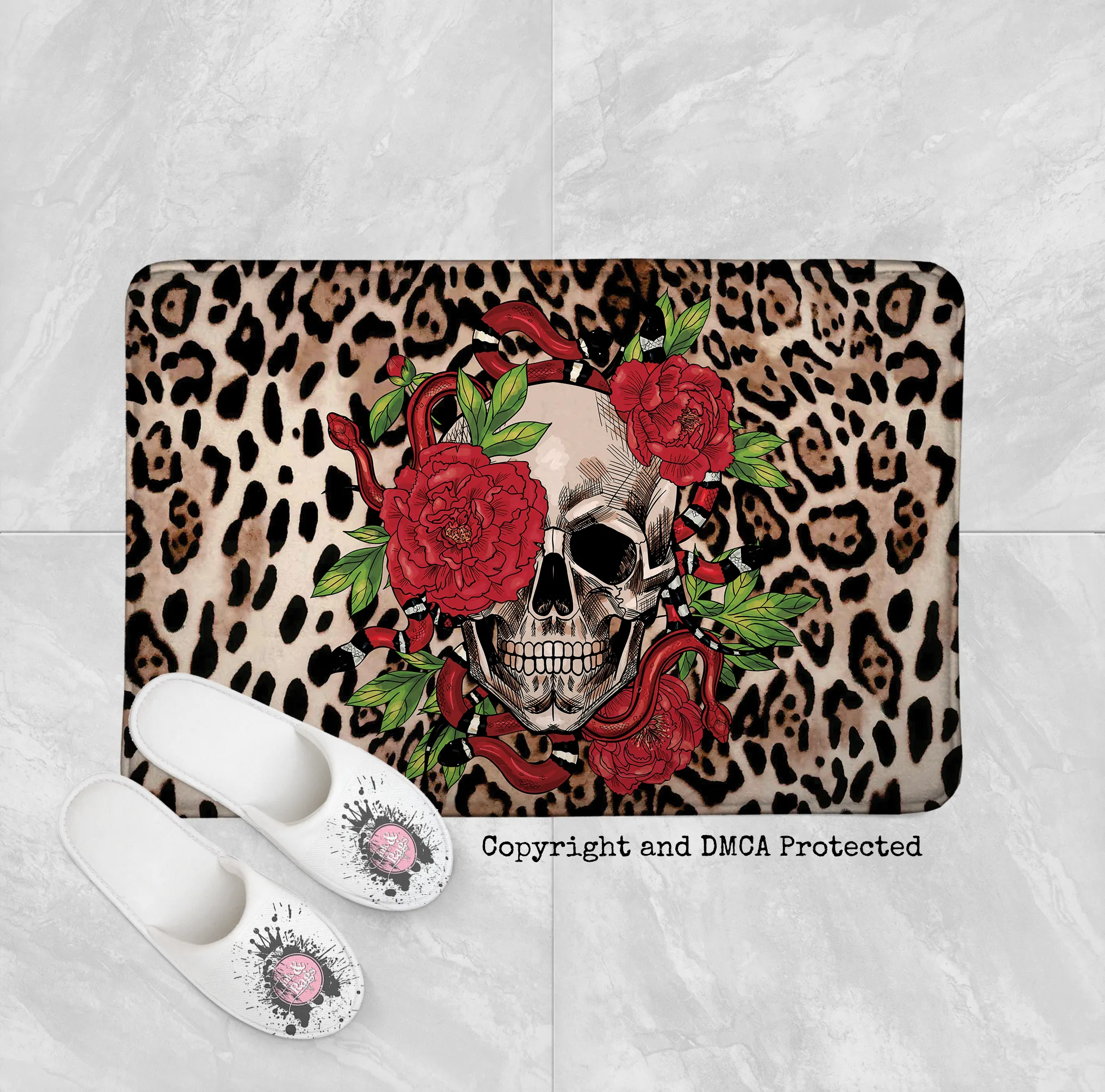 Leopard Snake Peony and Skull Shower Curtains and Optional Bath Mats