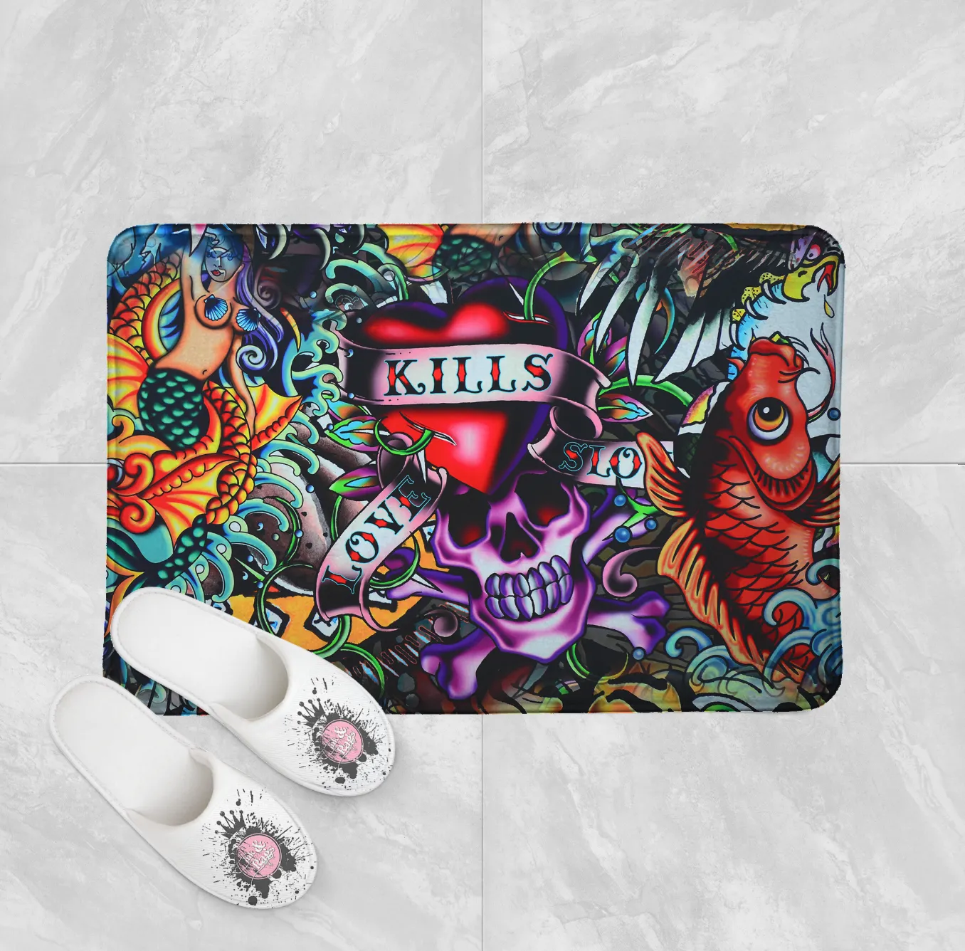 Love Kills Retro Tattoo Skull Shower Curtains and Optional Bath Mats