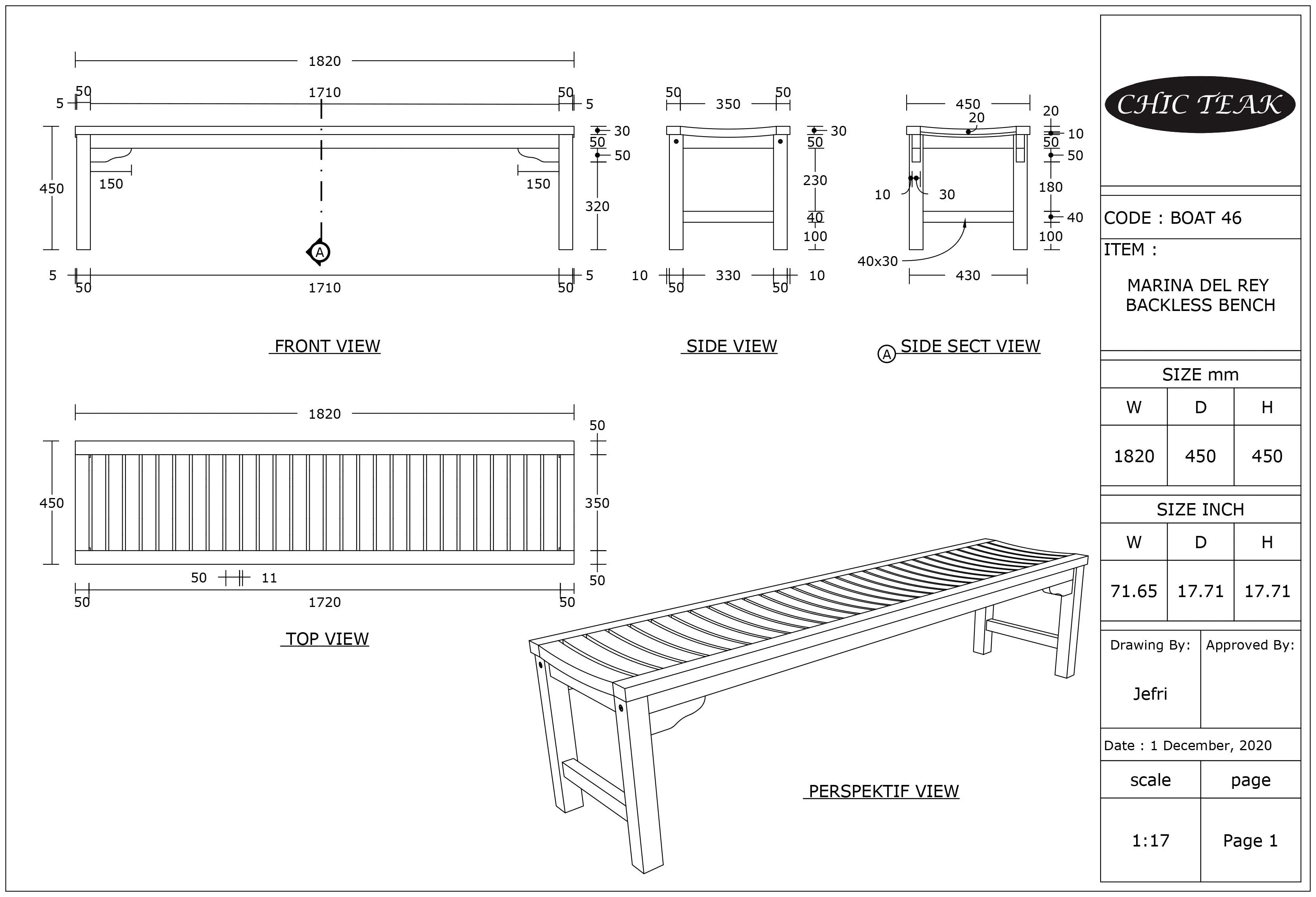 Marina del Rey Backless Dining Bench made from Recycled Teak Wood Boats, 6 foot