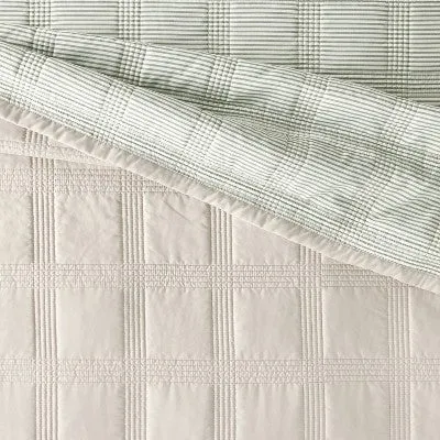 New - Full/Queen Grid Stitched Quilt Taupe/Green/Cream - Hearth & Hand with Magnolia