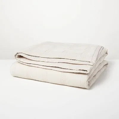 New - Full/Queen Grid Stitched Quilt Taupe/Green/Cream - Hearth & Hand with Magnolia