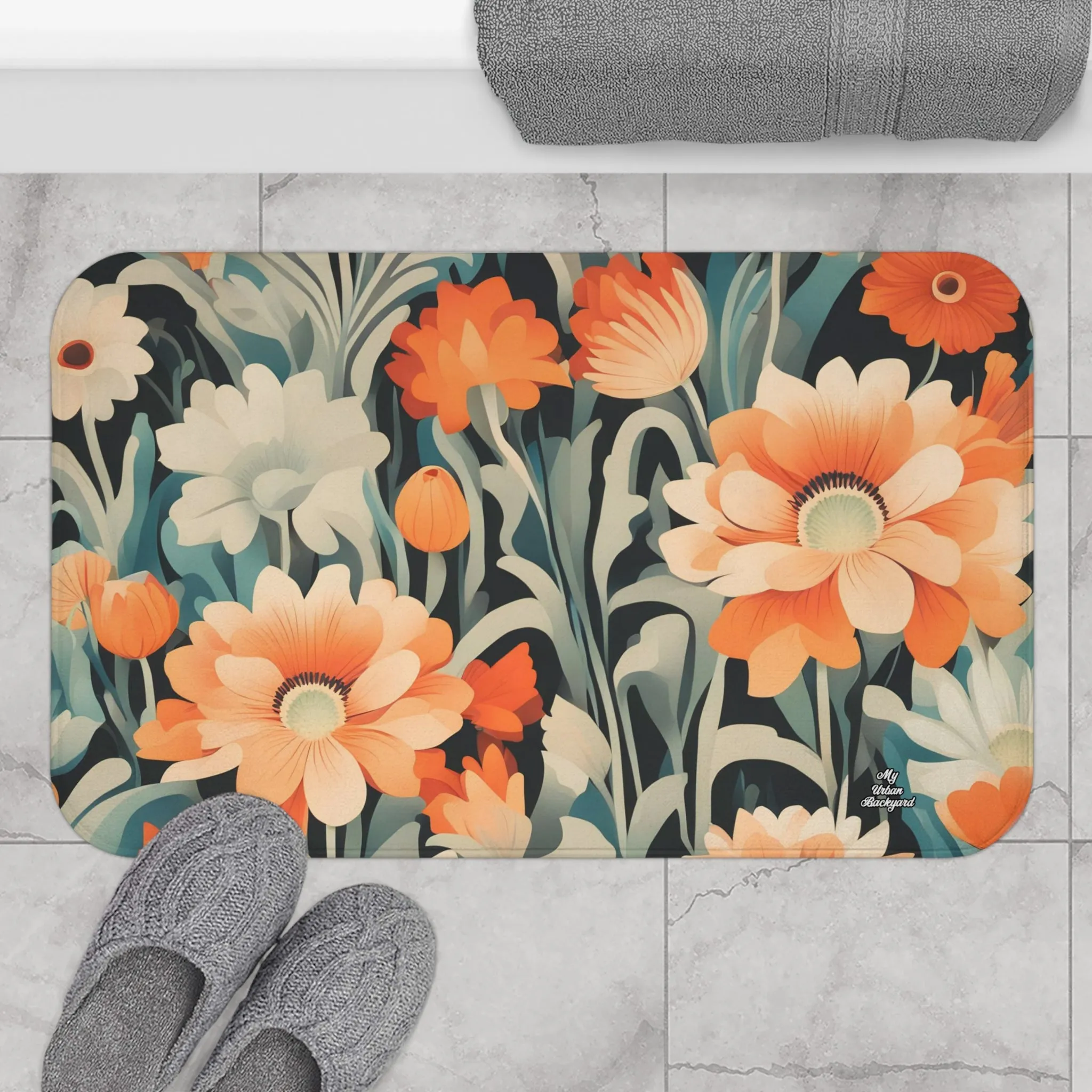 Orange and White Flowers, Memory Foam Bath Mat - Cozy Bathroom Essential