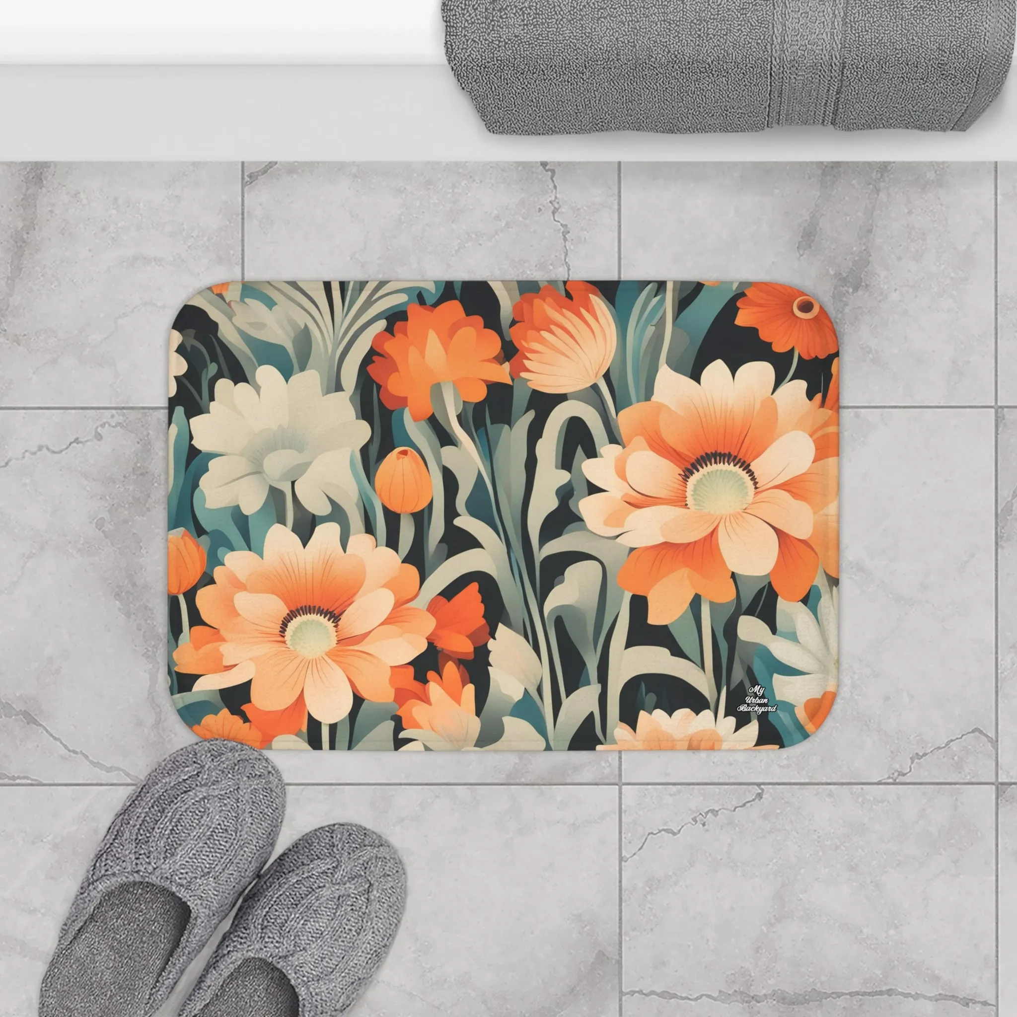 Orange and White Flowers, Memory Foam Bath Mat - Cozy Bathroom Essential