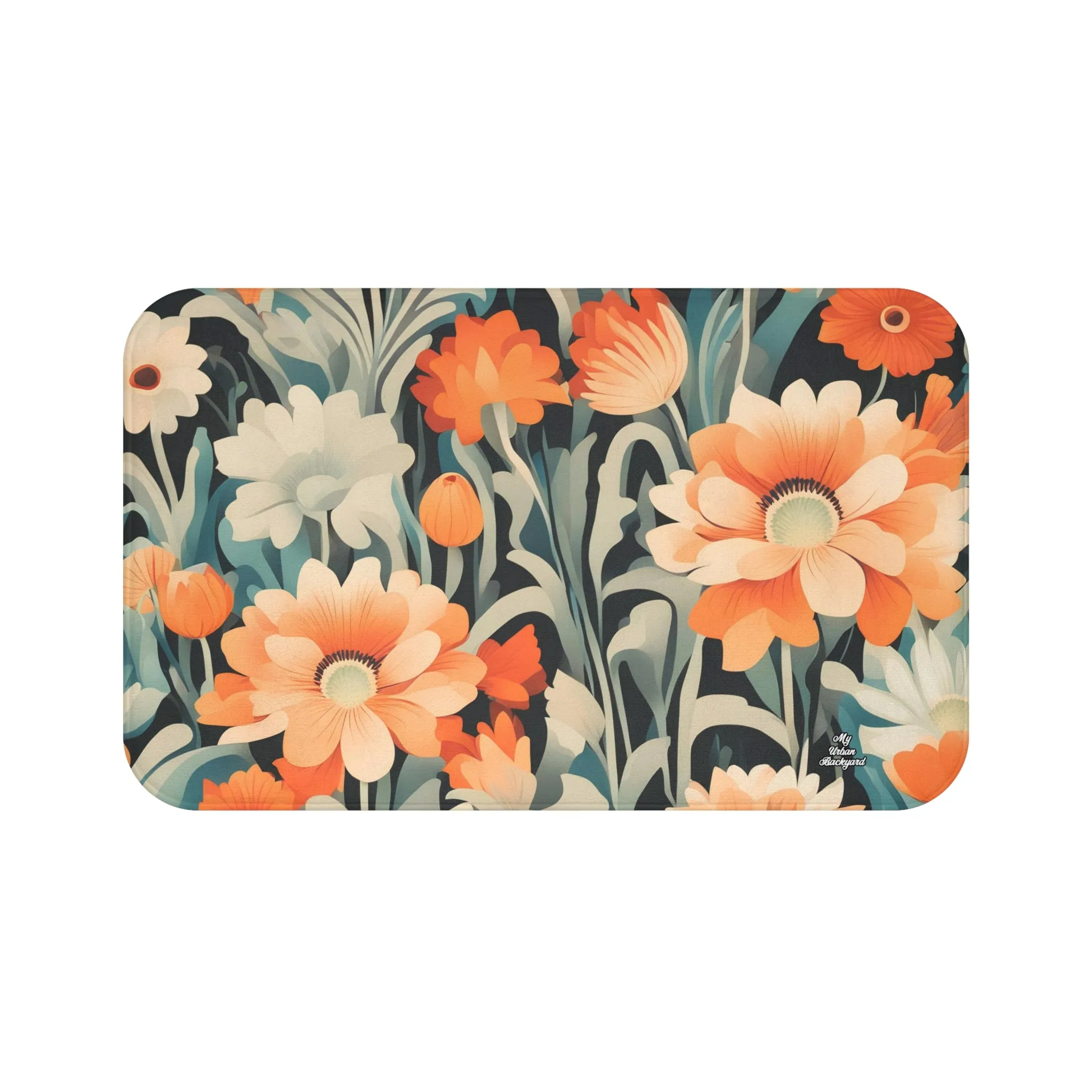 Orange and White Flowers, Memory Foam Bath Mat - Cozy Bathroom Essential