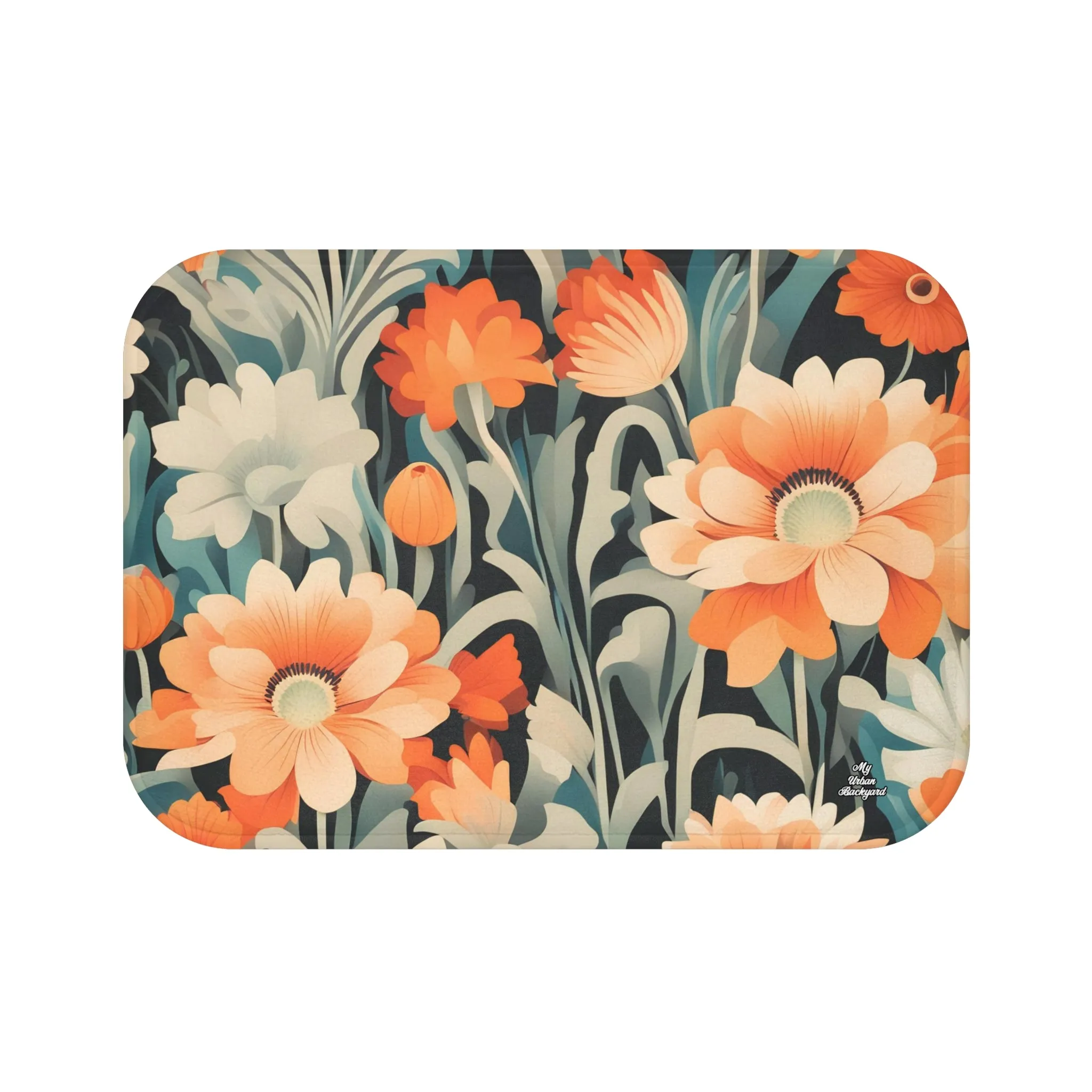 Orange and White Flowers, Memory Foam Bath Mat - Cozy Bathroom Essential