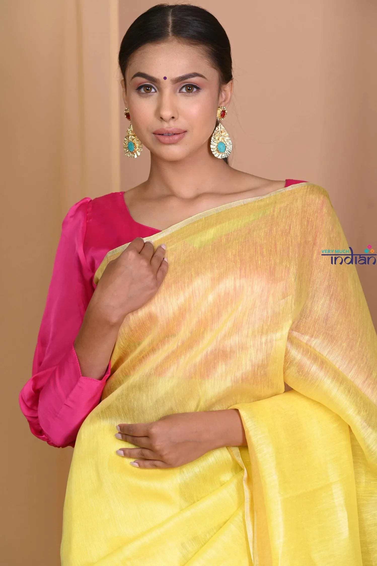 Pehal~Fresh Yellow Pure Linen Silk With Sleek Border