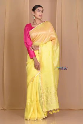 Pehal~Fresh Yellow Pure Linen Silk With Sleek Border