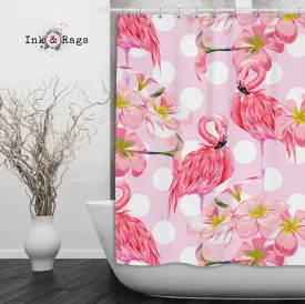 Pink Plumeria Flamingo Dot Shower Curtains and Optional Bath Mats