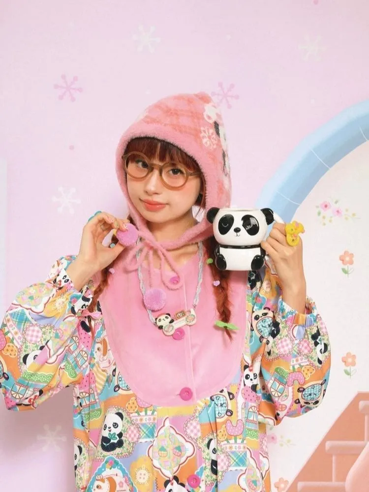 Plaid panda plush knit cap【s0000006121】