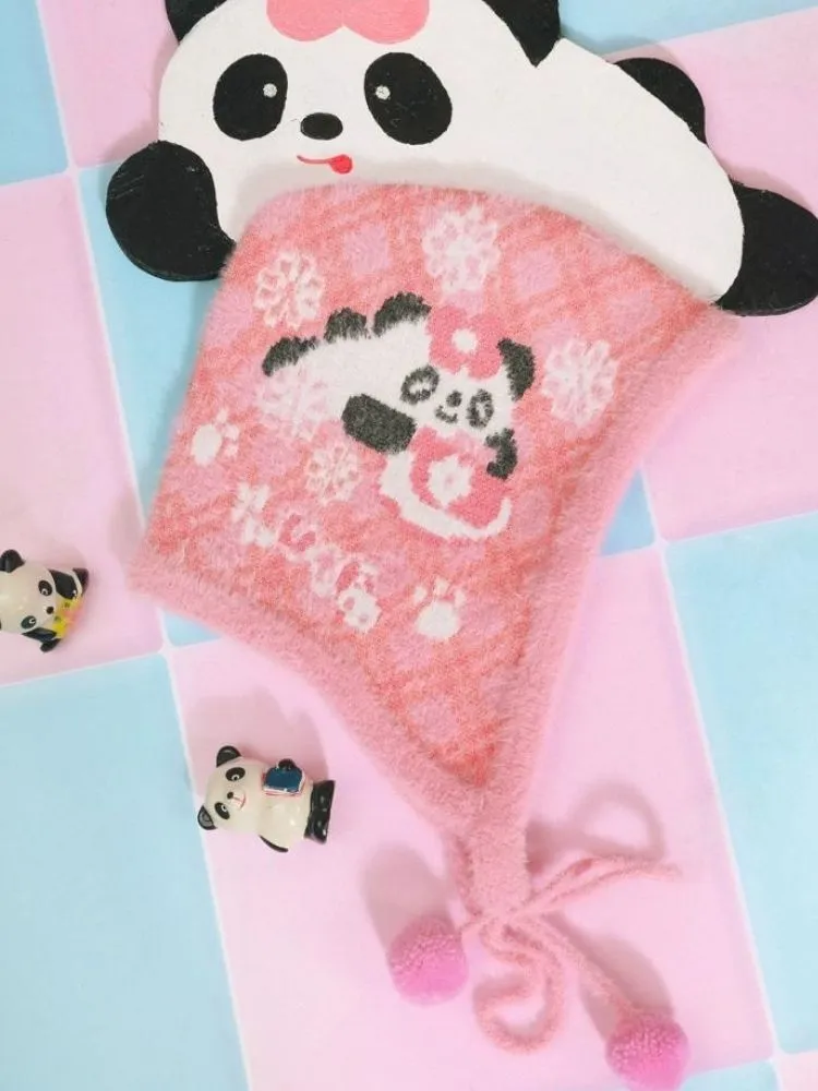 Plaid panda plush knit cap【s0000006121】