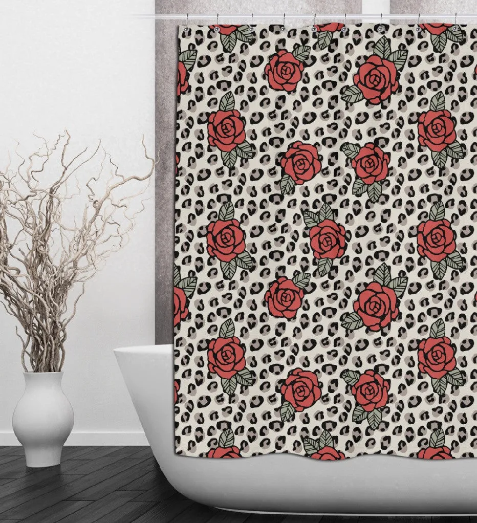 Rockabilly Rose and Leopard Shower Curtains and Optional Bath Mats