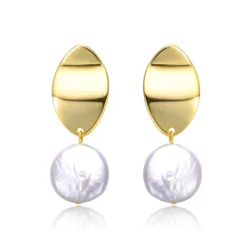 Sterling Silver 14k Yellow Gold Plated with White Coin Pearl Dangle Drop Marquise Medallion Earrings