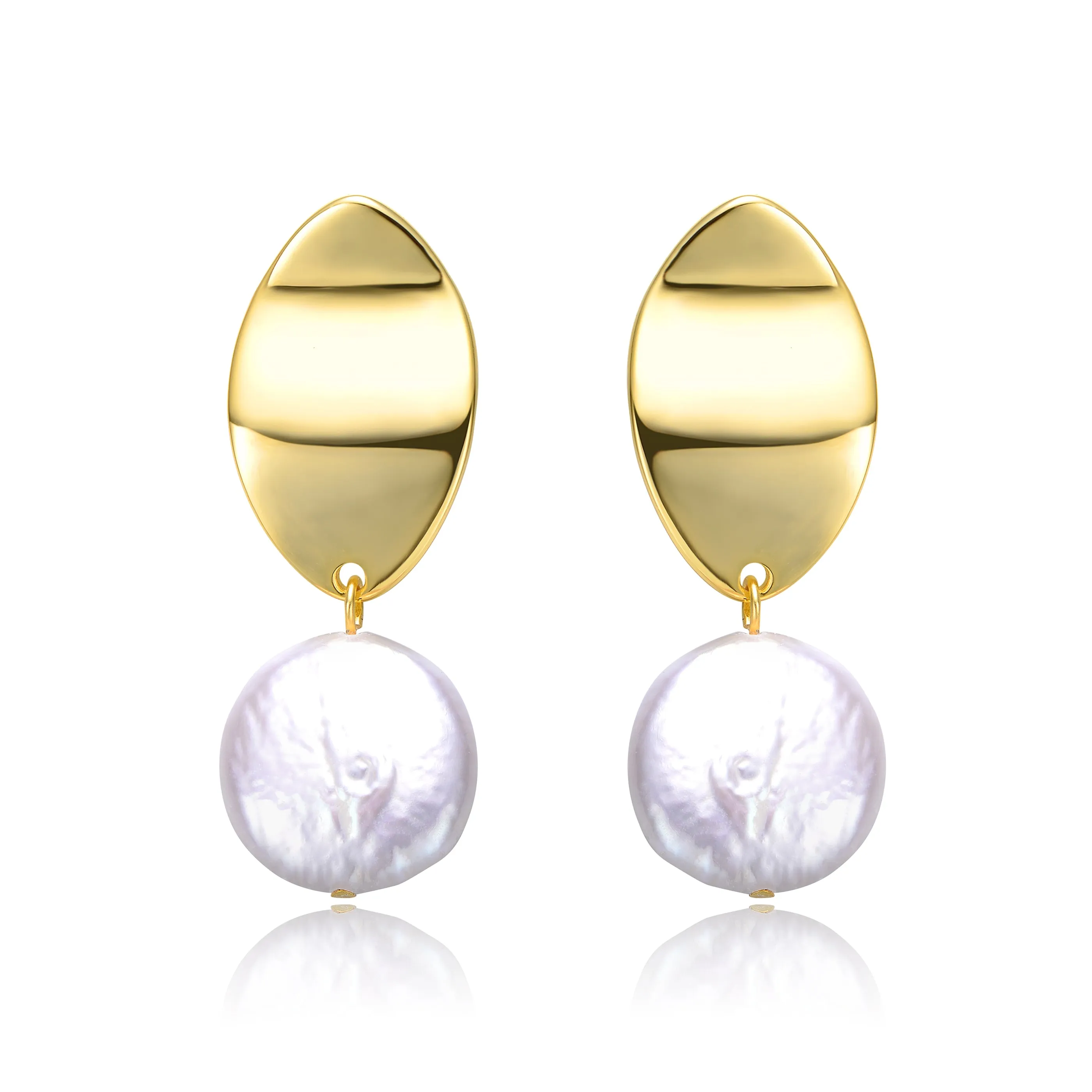 Sterling Silver 14k Yellow Gold Plated with White Coin Pearl Dangle Drop Marquise Medallion Earrings