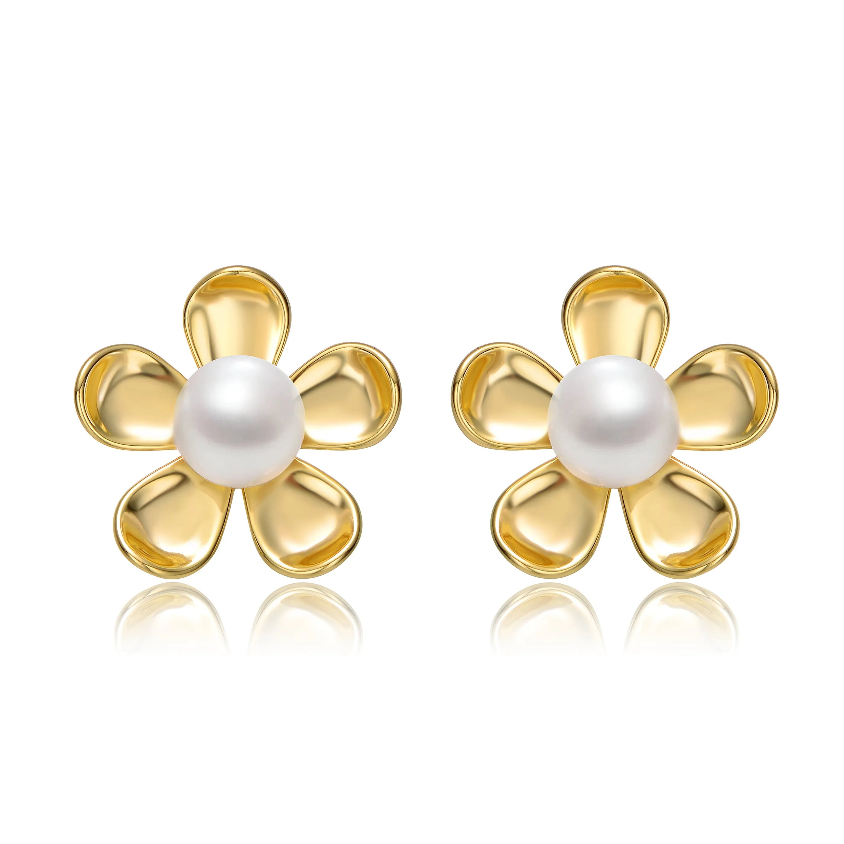 Sterling Silver 14k Yellow Gold Plated with White Pearl Blooming Daisy Flower Stud Earrings