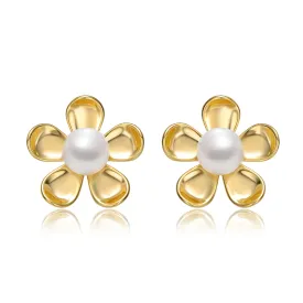 Sterling Silver 14k Yellow Gold Plated with White Pearl Blooming Daisy Flower Stud Earrings