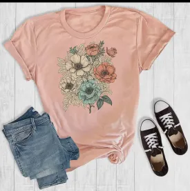 T-Shirt - Flowers Peach, Also Plus Size